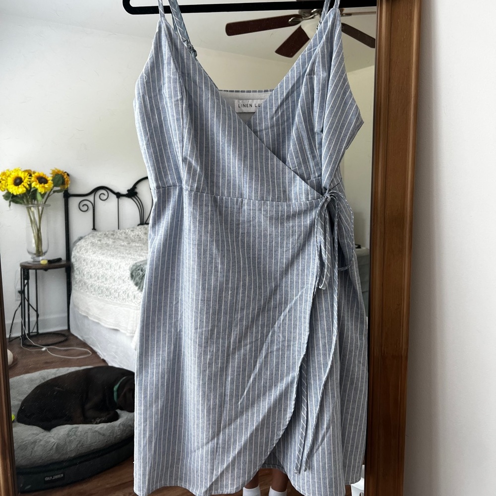 Linen Lux Blue Stripe Wrap Dress